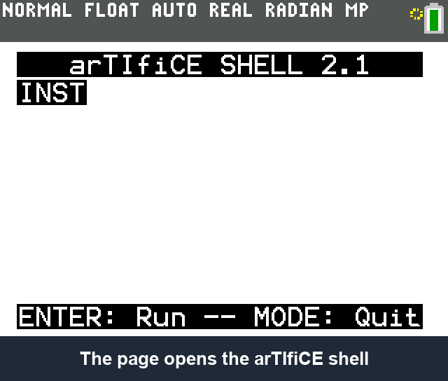 The arTIfiCE shell with INST, enter, the countdown, RAM Cleared, then apps and DeltaCE
