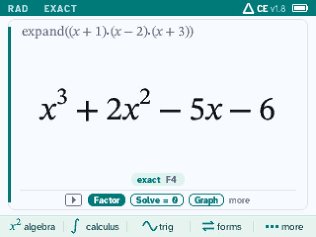 An answer on its card, with Factor, Solve = 0 and Graph under it