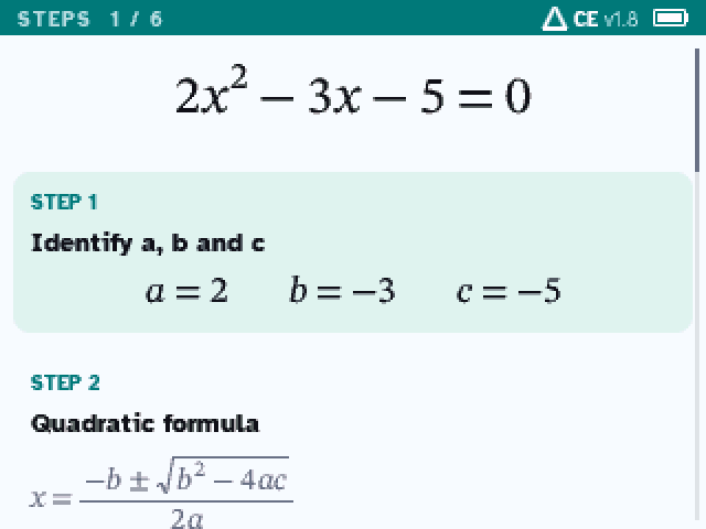 Steps for 2x² − 3x − 5 = 0: a, b and c, then the quadratic formula